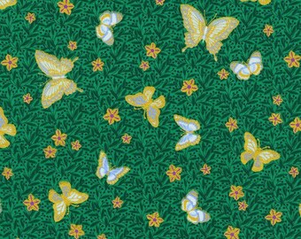 Puede incluir: Un patrón repetitivo con mariposas y flores en forma de estrella sobre un fondo verde oscuro. Las mariposas son en tonos de amarillo, dorado y azul, con detalles intrincados en las alas. Las flores son amarillas con contornos dorados.