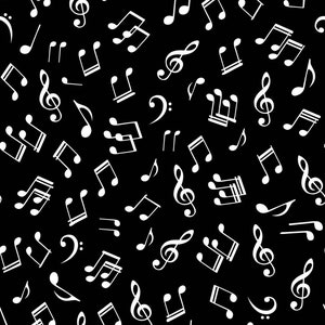 May include: A black background is covered with a repeating pattern of white musical notes, including treble clefs, bass clefs, and various note types. The notes are scattered across the surface.