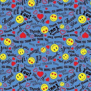 May include: A blue background with a repeating pattern of yellow smiley faces with hearts for eyes, red hearts, and the text "Thank You" in black.