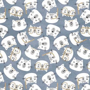 Fabric By The Yard Novelty Cats, Michael Miller,  Happy Cats, Blue-Gray CX10998