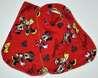 Baby Bib and Burp  Cloth  Set, Reversible, Red Minnie Mouse ,100% cotton flannel, Tan cotton terry cloth back with black plastic snap 11.50