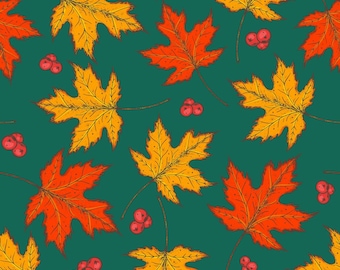 Fabric By The Yard Novelty Harvest Fall MDG Autumn Leaves, Teal