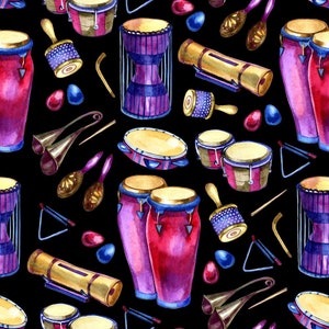 May include: Watercolor illustration of various percussion instruments, including conga drums, maracas, tambourines, and triangles, in a repeating pattern on a black background. The instruments are in shades of red, purple, and gold.