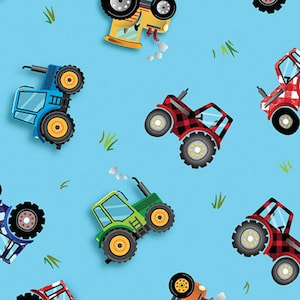 Fabric By The Yard Novelty Farm, Tractor, Bernartex Barnyard Tractors Blue, (Barnyard Rules) 14376-55