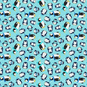 Fabric By The Yard Novelty Winter Clothworks Snow Drift Penguins, blue