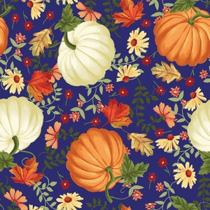 Fabric By The Yard Novelty Harvest Fall MDG Pumpkin Patch Blue