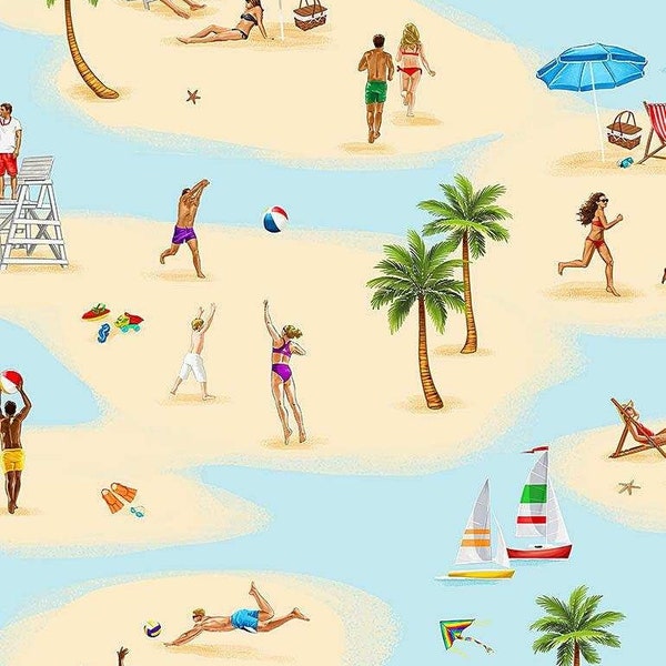 Fabric By The Yard Novelty Summer Timeless Treasures People playing on the beach