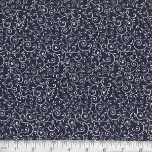 Fabric By The Yard Blue Navy, White on Navy MDG Florals & Swirls White on Navy Pattern 41
