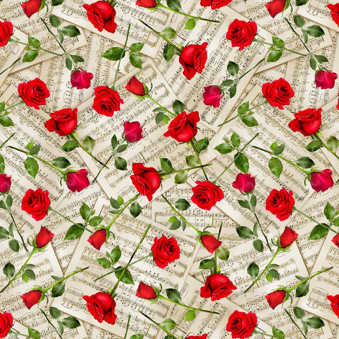 Fabric by the Yard Novelty Music Timeless Treasures Red Roses on Music ...