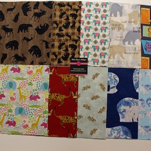 May include: A set of 10 fabric squares featuring various animal prints. The prints include a brown and black bear, a giraffe, a flamingo, a leopard, an elephant, and a polar bear. The fabric squares are perfect for quilting, crafting, and other sewing projects.