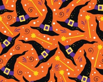 May include: A seamless pattern featuring black witch hats with purple bands and gold buckles on an orange background with white dots, yellow stars, and orange wands.