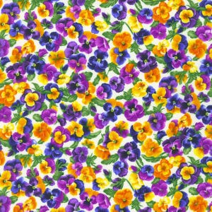 Fabric By The Yard  floral Robert Kaufman Brightly So, Purple Gold pansies