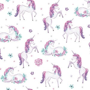 Fabric By The Yard Novelty Unicorns, Benartex Dreamers Unicorns White 13410P-09