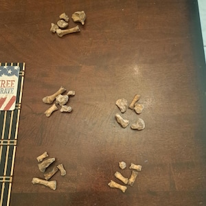 May include: A close-up of a wooden table with five piles of small, light brown bones scattered across the surface. The bones are arranged in different patterns and sizes.