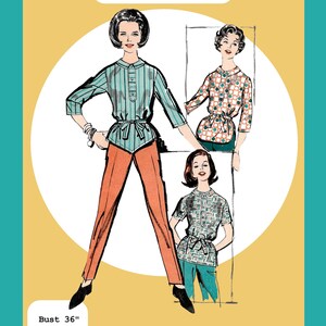 May include: A 1963 cigarette pants and shirt PDF pattern illustration featuring three figures in various tops and trousers. Text includes 1963 Cigarette Pants & Shirt PDF Pattern, Bust 36", Waist 28", Hip 38", and Steak & Legs. The designs show collared shirts.