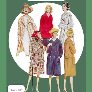 Może przedstawiać: Wzór PDF zatytułowany 1964 Raglan Sleeved Coats przedstawiający ilustracje sześciu różnych stylów płaszczy w różnych kolorach i wzorach. Tekst zawiera Bust 32", Waist 25", Hip 34" oraz Steak & Legs na zielonym tle.