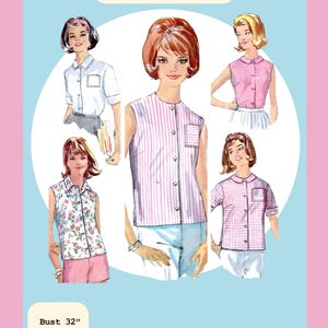 May include: A 1963 set of blouses PDF pattern featuring five illustrations of sleeveless and short-sleeved button-down shirts in various patterns including stripes, floral, and gingham. Text includes 1963 Set of Blouses, PDF Pattern, Bust 32", Waist 25", Hip 34", and Steak & Legs.