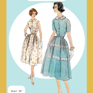 Könnte beinhalten: Ein PDF-Schnittmuster für ein Kleid von 1958 mit weitem Rock, das zwei Kleider mit Kragen, Gürteln und Knöpfen zeigt. Ein Kleid hat ein Blumenmuster, das andere ist einfarbig blau mit Spitzenbesatz. Text: Bust 34", Waist 26", Hip 36".