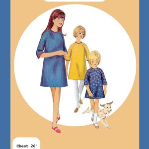 May include: A 1966 raglan sleeve child's dress PDF pattern illustration featuring three variations of the dress in blue, yellow, and a blue floral print. The text reads 1966 Raglan Sleeve Child's Dress PDF Pattern, Chest 26", Waist 23", Hip 28", Steak & Legs.