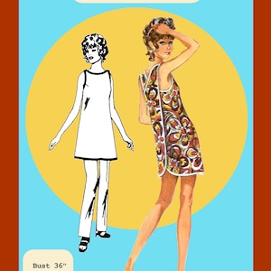 May include: A PDF pattern for a 1960's cover-up tunic with pants, featuring a line drawing and a color illustration of the outfit. The text reads 1960's Cover-up/Tunic with Pants, PDF Pattern, and lists measurements of Bust 36", Waist 27", Hip 38".