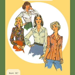 May include: A 1974 Notched Collar Blouses PDF pattern illustration featuring four variations of long and short-sleeved button-down shirts with various prints and textures. The pattern includes measurements for a 36-inch bust, 28-inch waist, and 38-inch hip.