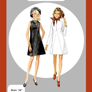 May include: A 1969 A-Line Inverted V Dress PDF pattern illustration featuring two sleeveless dresses, one black and one white, with a bust of 34 inches, waist of 25.5 inches, and hip of 36 inches. The text reads 1969 A-Line Inverted V Dress PDF Pattern.