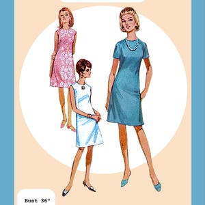May include: A 1967 Basic A-Line Dress PDF pattern illustration featuring three figures wearing short dresses in pink, white, and blue. The text reads 1967 Basic A-Line Dress PDF Pattern, Bust 36", Waist 28", Hip 38", and Steak & Legs.