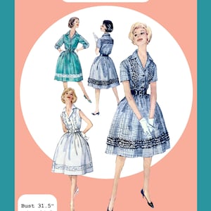 Könnte beinhalten: Ein PDF-Schnittmuster für ein Spitzen-Hemdkleid von 1961 mit Illustrationen von vier verschiedenen Kleidern mit Kragen, Gürtel und Spitzenbesatz. Der Text enthält 1961 Lace Shirt Dresses PDF Pattern und Maße von Brust 80 cm, Taille 62 cm und Hüfte 85 cm.