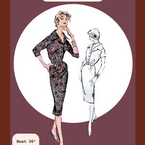 May include: A PDF pattern for a 1958 collared sheath dress featuring a floral print design. The illustration shows two views of the dress with a belted waist and short sleeves. Text includes 1958 Collared Sheath Dress, Bust 36", Waist 28", Hip 38", and Steak & Legs.