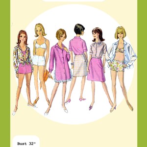 May include: A PDF pattern titled 1967 Swim Suit, Wrap Skirt, & Beach Shirts featuring illustrations of six outfits with various tops, shorts, and skirts. The pattern lists measurements of Bust 32 inches, Waist 25 inches, and Hip 34 inches.