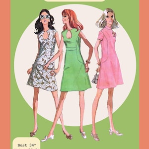 May include: A PDF pattern for 1960's Princess Seam Dresses featuring three illustrations of sleeveless dresses with keyhole necklines in floral, green, and pink. Text includes 1960's Princess Seam Dresses, PDF Pattern, Bust 34", Waist 25.5", Hip 36", and Steak & Legs.