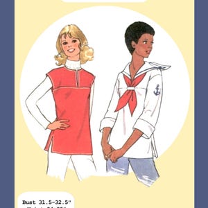 May include: A 1976 Yoked Pullovers PDF pattern illustration featuring two garments. One is a red sleeveless tunic over a white turtleneck. The other is a white sailor-style top with a red necktie and anchor emblem. Bust 31.5-32.5", Waist 24-25", Hip 33.5-34.5".