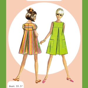 以下が含まれることがあります： 1967年製ヨーク付きテントドレスのPDF型紙イラスト。マルチカラーの縦縞とパフスリーブのドレス、およびパッチポケット付きのライムグリーンのドレスの2種類が描かれています。寸法：バスト85cm、ウエスト66cm、ヒップ93cm。