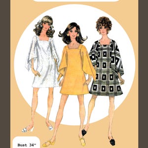 May include: A PDF pattern for a 1969 mini dress with triangular sleeves, featuring three illustrations of the dress in white, yellow, and a black and white geometric print. The pattern includes measurements for a 34-inch bust, 25.5-inch waist, and 36-inch hip.