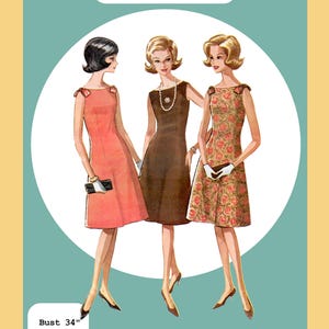 May include: A 1962 sleeveless boatneck dress PDF pattern illustration featuring three figures in different dresses: a solid coral dress with shoulder bows, a solid brown dress with a pearl necklace, and a floral print dress. Bust 34", Waist 26", Hip 36".