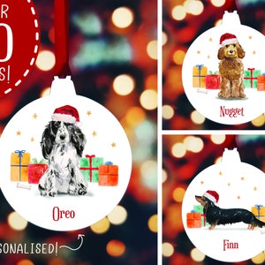 Personalised Coloured Christmas Dog Bauble Present Tree Ornament Hanging Decoration Xmas Wooden Gift Labrador Cocker Cockapoo Springer