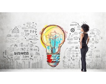 May include: A colorful light bulb illustration on a white wall with a woman standing in front of it. The wall is covered in black and white drawings of business concepts, including the words "business", "plan", "team", and "work".