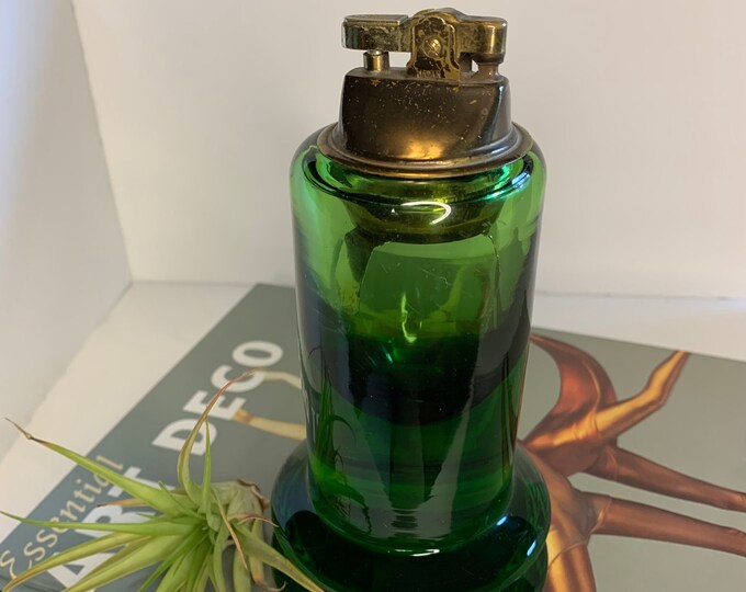 Vintage Working Mid Century Heavy Green Glass Table Lighter Etsy