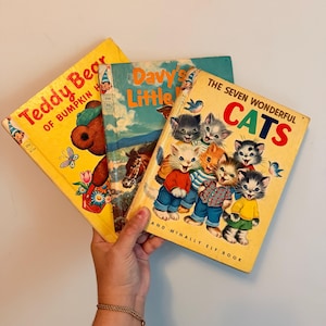 Choose from three 1950s Rand McNally Elf Book: The Seven Wonderful Cats, Davy’s Little Horse, Teddy Bear of Bumkin Hollow