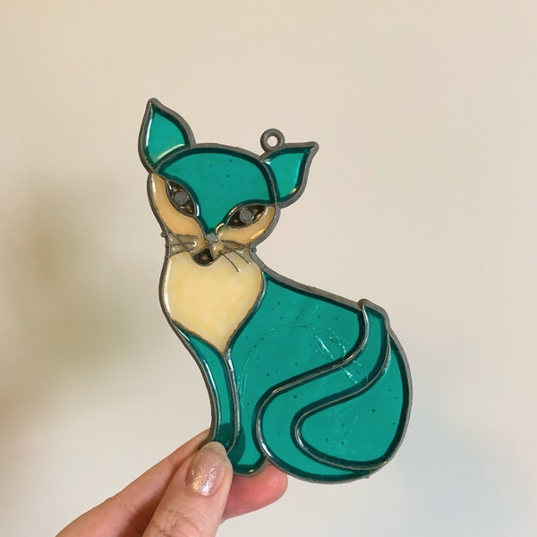 Vintage teal blue green plastic cat Siamese sun catcher