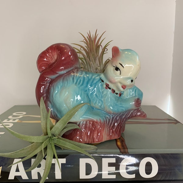 Vintage Midcentury ceramic pottery squirrel planter in turquoise green and maroon