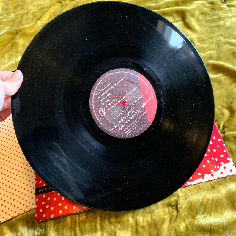 May include: A black vinyl record with a red and white label. The label has the text "Love & Other Disasters" and "The Last Goodbye" in white lettering. The record is on a red and white polka dot surface.