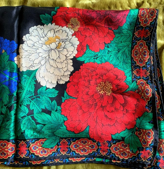 Large vintage Liz Claiborne silk scarf with red b… - image 1