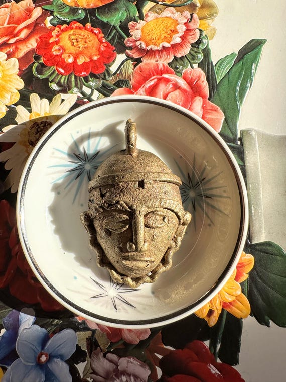 Vintage Midcentury brass art African mask necklace pendant