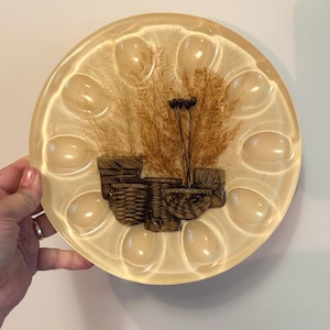 May include: A decorative, round, cream-colored plate with a raised egg-shaped design around the edge. The center features a still life of woven baskets and dried plants. The plate is held by a hand.