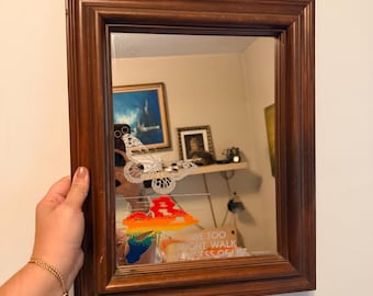 Vintage 1970s wooden framed mirror with rainbow butterfly and Bible verse