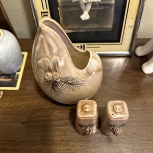 May include: A set of ceramic salt and pepper shakers with a pine cone design. The shakers are brown and white with a glossy finish. The salt shaker has an "S" on the top and the pepper shaker has a "P" on the top.