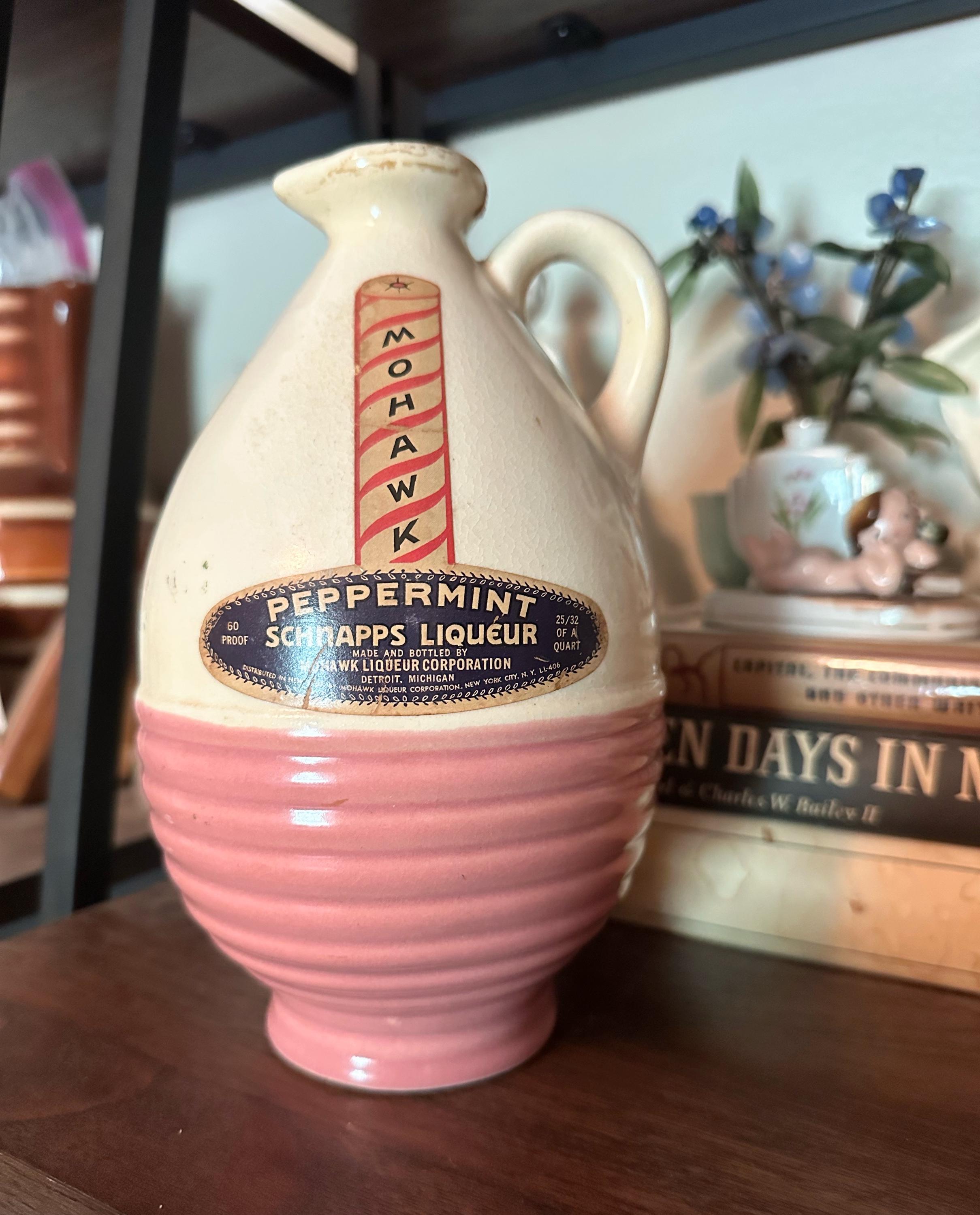 Vintage Rare Mohawk Pink and White Peppermint Schnaps Ceramic Jug