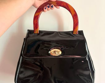 Vintage Margolin black patent leather shoulder bag purse with lucite handles