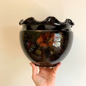 Antique vintage McCoy pottery Loy Nel Art pansy Jardiniere ruffle edge planter brown orange